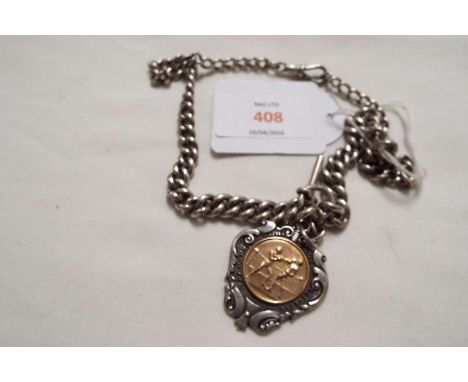 A 1930s silver fob chain dated Birmingham 1930/31 with silver and yellow metal boxing medallion dated Birmingham 1925 by Jame