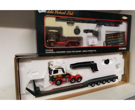A pair of Corgi Eddie Stobart low loaders; Scammell Crusader 3 axle CC12610 and Scania with 5 axle trailer CC12203 'Judith An