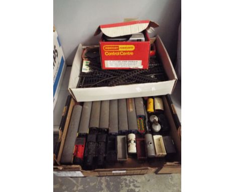 Two boxes of Hornby and Tri-ang OO scale model railway to include tank engines, track, wagons, carriages, buildings, track et