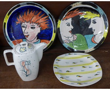 Two Jane Willingale for Next hand decorated plates and a Midwinter Stylecraft coffee pot and plate
