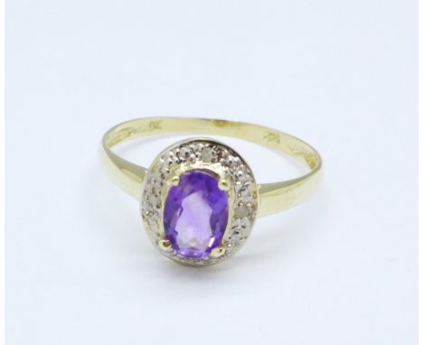 A 9ct gold, amethyst and diamond ring, 1g, P