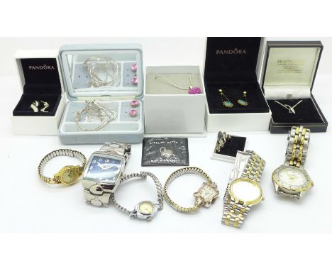 Assorted silver jewellery, wristwatches and opal set earrings