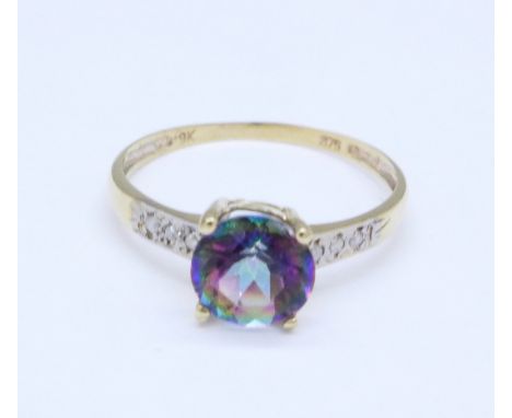 A 9ct gold, mystic topaz and diamond ring, 1g, O