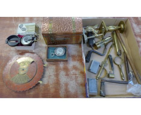 Brassware including spring scales, a flute, also a pocket knife, a lighter, a compass and a 100 year calendar
