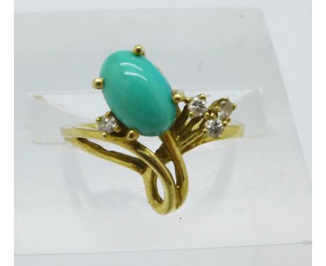 An 18ct gold, turquoise and white stone ring, 3.1g, J