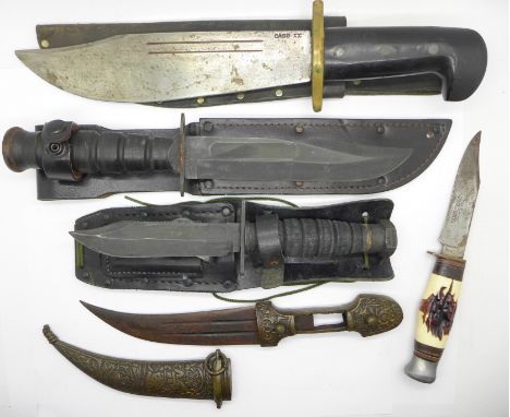 Five knives including U.S. Camillus knife and scabbard