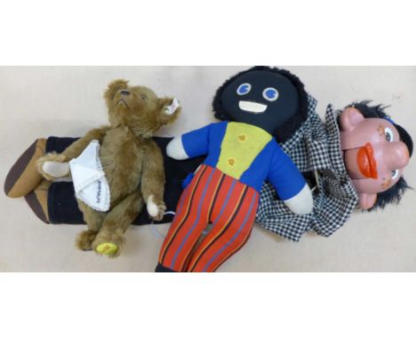 A Steiff Teddy bear, puppet and golly soft toy