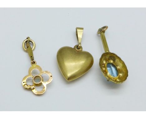 A 9ct gold heart pendant, an opal pendant and a blue stone pendant, both test as 9ct gold, 3g