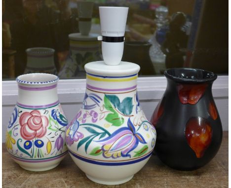 Two Poole Pottery vases and a Poole Pottery lamp base