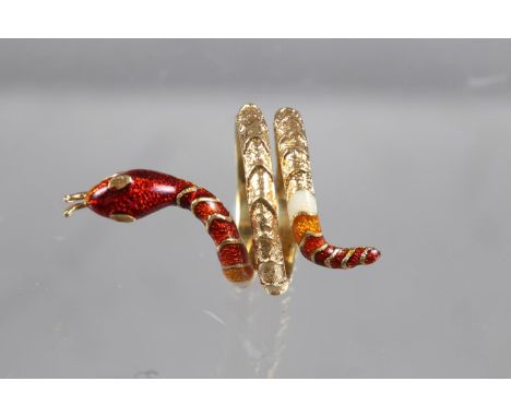 A Chinese yellow metal and enamel snake ring, stamped 750, size K, 8.1gCondition:No visible issues.  