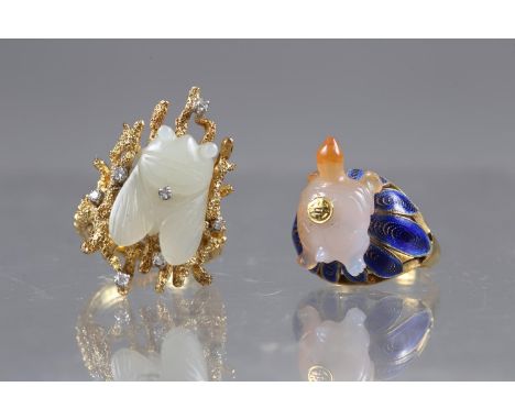 A yellow metal, enamel and hardstone ring, decorated turtle, stamped, 14k, size L, 5.3g, and a yellow metal celadon jade and 