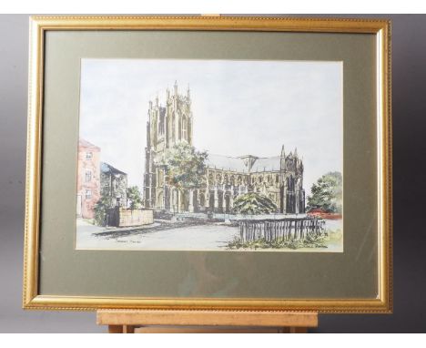 Jane Pearson: watercolours, "Beverley Minster", 10 3/4" x 15", in gilt strip frame, a Russell Flint print of a landscape, in 