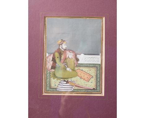 A Mughal School portrait of a prince seated on a rug, 5 1/2" x 4 3/8", in gilt frame 
