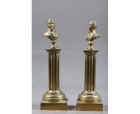 A pair of 19th century brass portrait busts of the Duke of Wellington and Nelson, on fluted columns, 7" high overall 