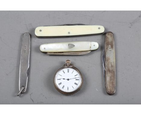 Two silver mounted pen knives, a silver and mother-of-pearl fruit knife, one other, and a silver cased open faced fob watch w