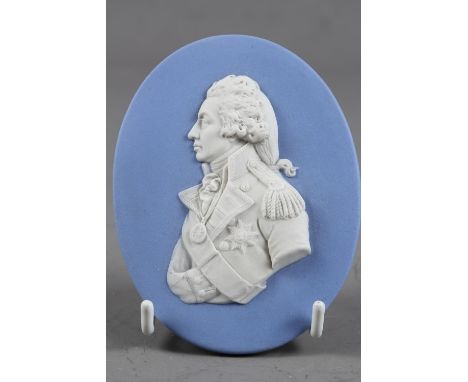 An 18th century Wedgwood blue and white jasperware portrait medallion, Admiral Nelson, after the original by John de Vaere, 4