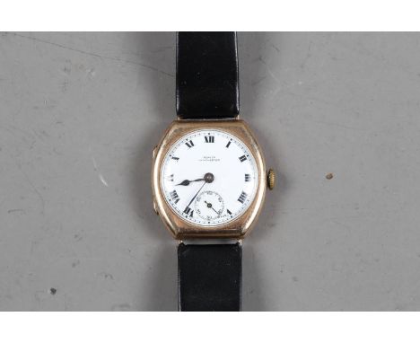 A 9ct gold cased wristwatch with white enamel dial, Roman numerals and subsidiary seconds dial at six o'clock 