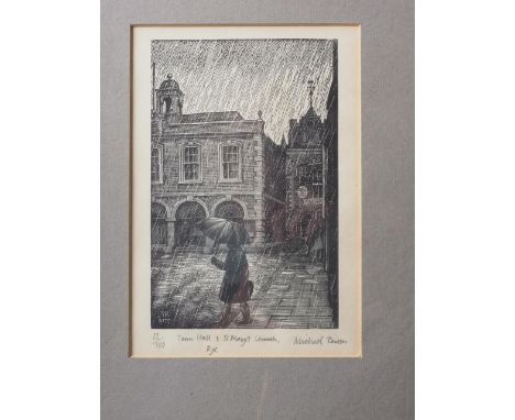 Michael Renton: a limited edition print, "Town Hall &amp; St Mary's Church, Rye", 12 /100, in wooden strip frame, and a simil