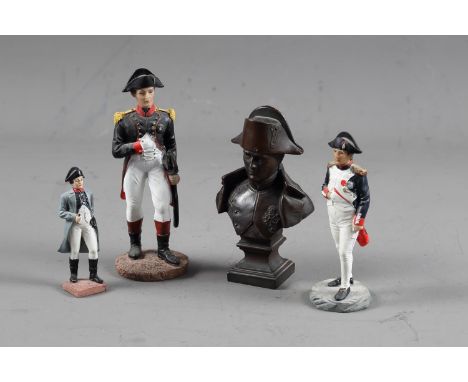 Three composition figures of Napoleon and a patinated spelter portrait bust (damaged), largest figure 6 /4" high 