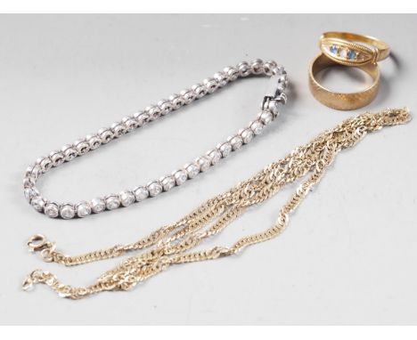 A silver and paste tennis bracelet, a 9ct gold flat link necklace, 4.3g, a 9ct gold engraved band, size P, 3.4g, and a 15ct g