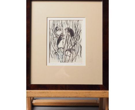 Joan Hussell: wood engraving, "Harvest Mice", in wood effect frame, and a Kono Bairei colour print from the series "Birds &am