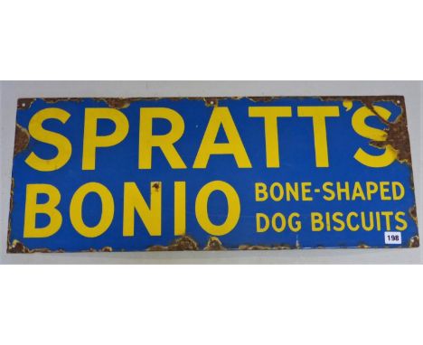 Spratt's Bonio Enamel Sign. A two-colour sign, edge chipping, mounting holes intact. 30 x 12-inches. 