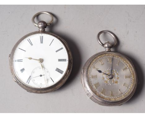 A silver cased open faced pocket watch with silvered dial and Roman numerals, and another similar with white enamel dial, Rom