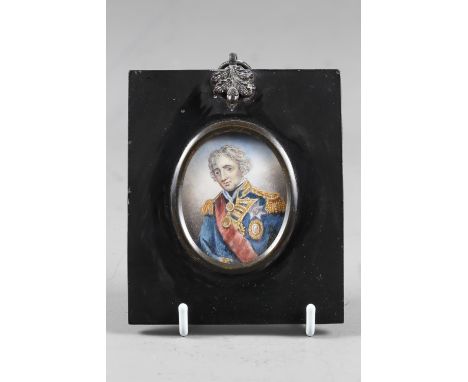 After Lemuel Francis: a watercolour portrait miniature of Admiral Nelson, 2 1/4" x 1 3/4", in ebonised frame 
