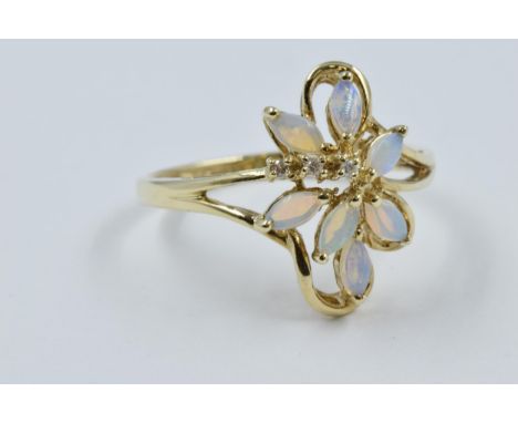 9ct gold opal and diamond flower head ring, size 'U', 3.1g 