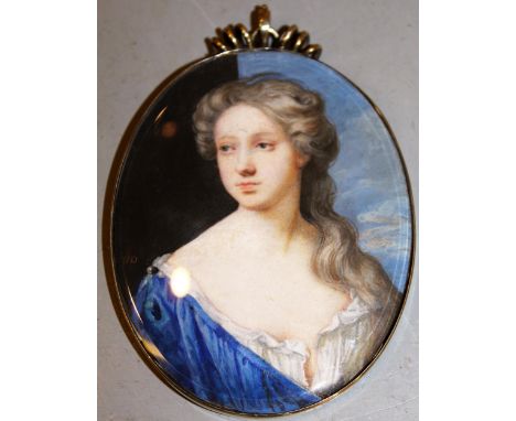 Nicholas Dixon, late 17th Century watercolour miniature portrait on vellum, portrait of a lady, housed in oval silver gilt fr