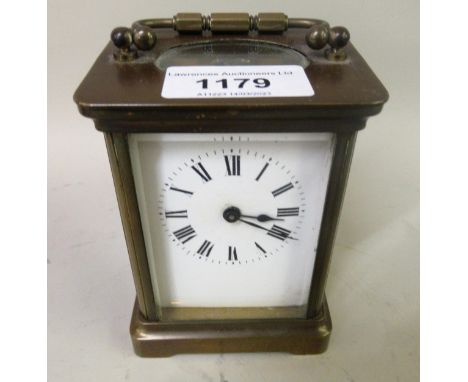 20th Century brass cased carriage clock with enamel dial, Roman numerals and single train movement, together with a small woo