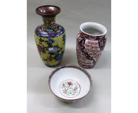 20th Century Chinese enamel decorated bowl, ribbed vase with Imari floral decoration and a cloisonne floral decorated vase (a