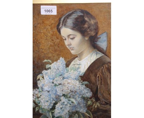 Kate Steele, watercolour, portrait of a young girl holding bouquet of flowers, signed, 33cms x 25cms, gilt framedNo damage or