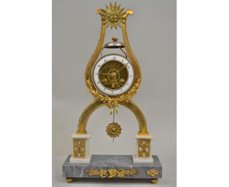 19th Century gilt brass lyre shaped skeleton clock by Japy Freres, the enamel dial with Arabic numerals, the two train moveme