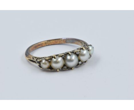 Gold half hoop ring set five split pearls, interspaced with diamond chips, size 'N' 