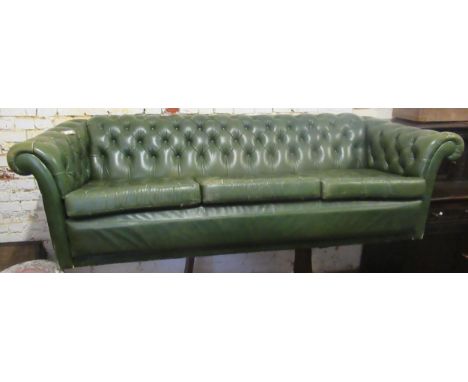 20th Century green buttoned leather upholstered three seater Chesterfield type sofa, 224cms wide x 89cms deep x 168cms high 