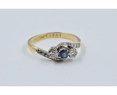 18ct gold and platinum three stone diamond and sapphire crossover ring, size 'N', 2.8g 