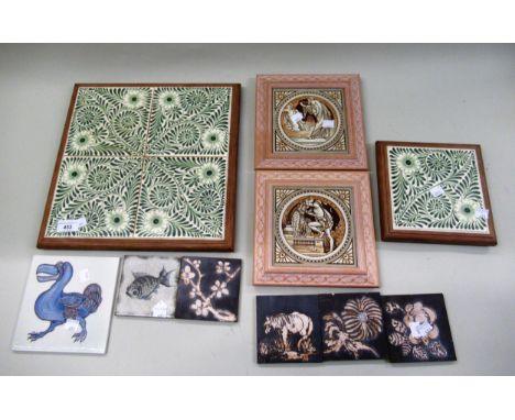 Large tile mounted teapot stand in Morris style, two framed Minton tiles, four Cauldon tiles signed M.Z., Kennet Clarke dodo 