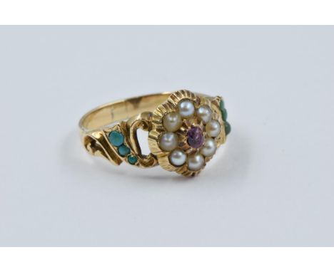 Victorian gold cluster ring set ruby, seed pearls and turquoise, size 'L', 3g 