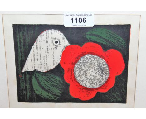 Kaotu Kawano, mixed media etching, bird and flower, inscribed on label verso, 14cm x 18cm 