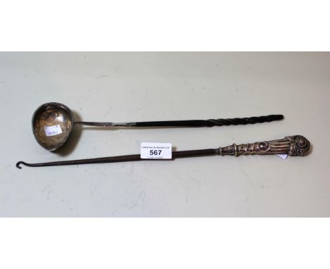 Antique silver toddy ladle with whale bone twisted handle and a large silver handled buttonhook 