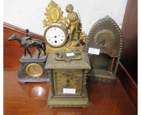 Small 20th Century spelter mantel clock, with a jockey on horseback surmount, cast iron carriage clock (at fault) Lancet shap
