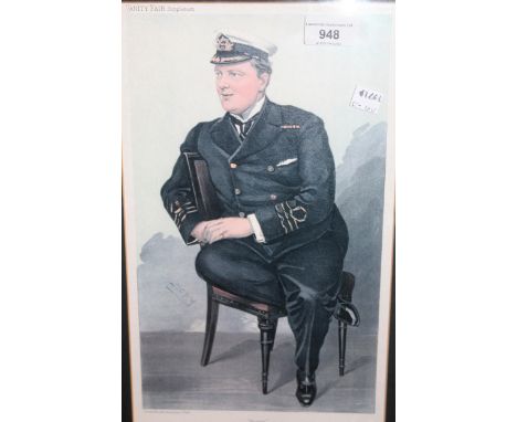 Vanity Fair spy print, ' Men of the Day - Rupert Guinness ', No. 989 together with three framed cartoon prints of naval inter