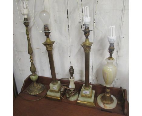 Pair of mid 20th Century onyx and gilt brass table lamp bases, three other onyx and metal table lamp bases and a similar stan