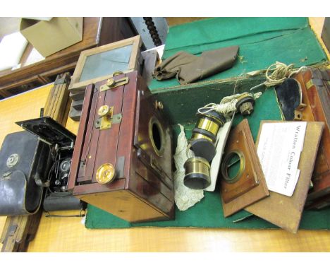 Late 19th / early 20th Century mahogany and brass plate camera with two lenses, one signed F. Lancaster & Sons patent, Birmin