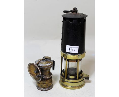 Antique brass and metal miners safety lamp, together with a small American brass lamp 