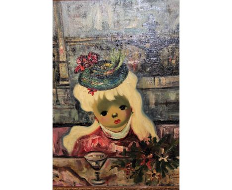 Mid 20th Century oil on canvas, portrait of a child seated at a table by a window, signed Guarnera, swept gilt framed, 46cms 