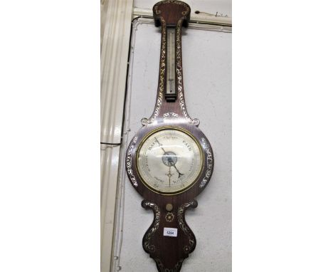 19th Century rosewood and mother of pearl inlaid wheel barometer / thermometer, 95cms high approximately 