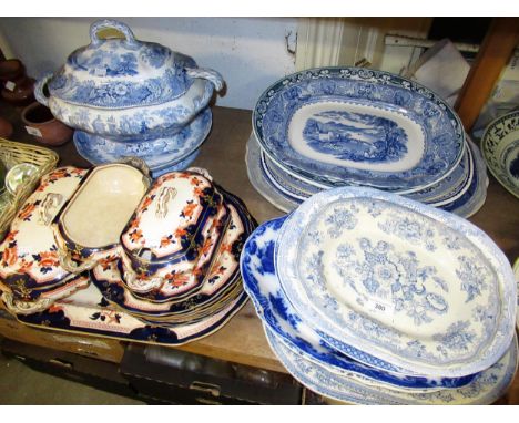 Group of thirteen various 19th and 20th Century English and Continental blue and white transfer printed meat dishes, the larg