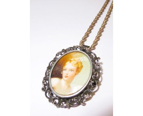 Oval silver portrait pendant / brooch on chain 